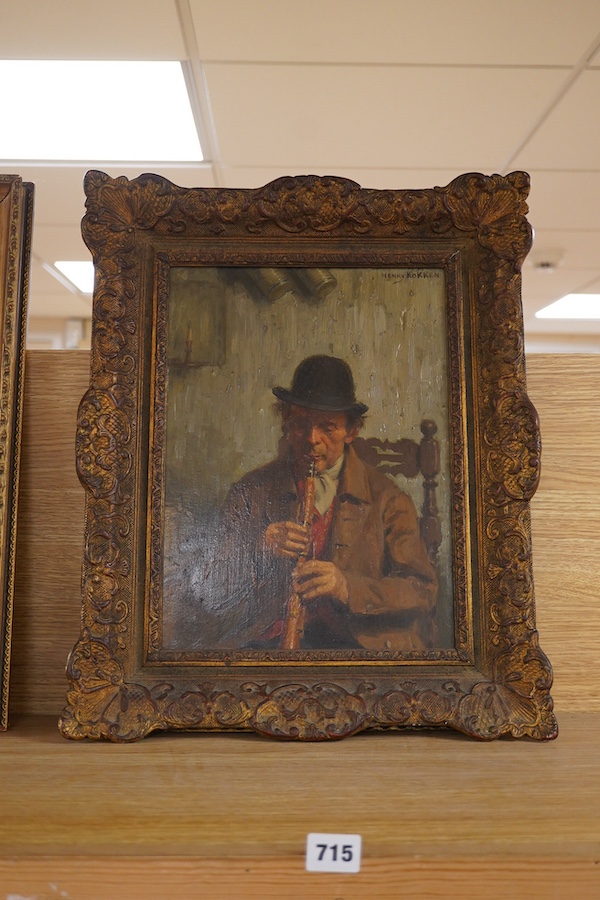 Henry Kokken (Belgian, 1860-1941), Study of a man playing the clarinet, signed, oil on board, 34 x 25cm, ornate framed
